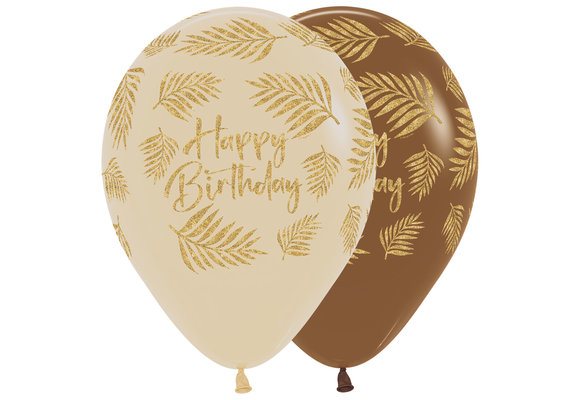 ballo creme of bruin met happy birthday erop en palmbladeren in glitter goud