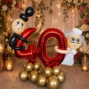 Ballonnen bruidspaar 40 jaar getrouwd – romantische decoratie voor robijnen huwelijk met Mr & Mrs ballonfiguren