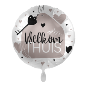 helium folie ballon met de tekst welkom thuis en met kleine hartjes erbij en een sleutel